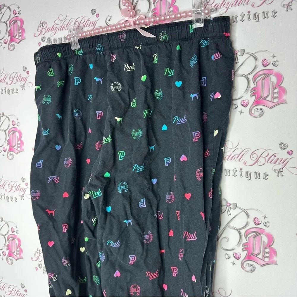 Victoria secret pink pj bottoms shiny shimmer logo print black multi color